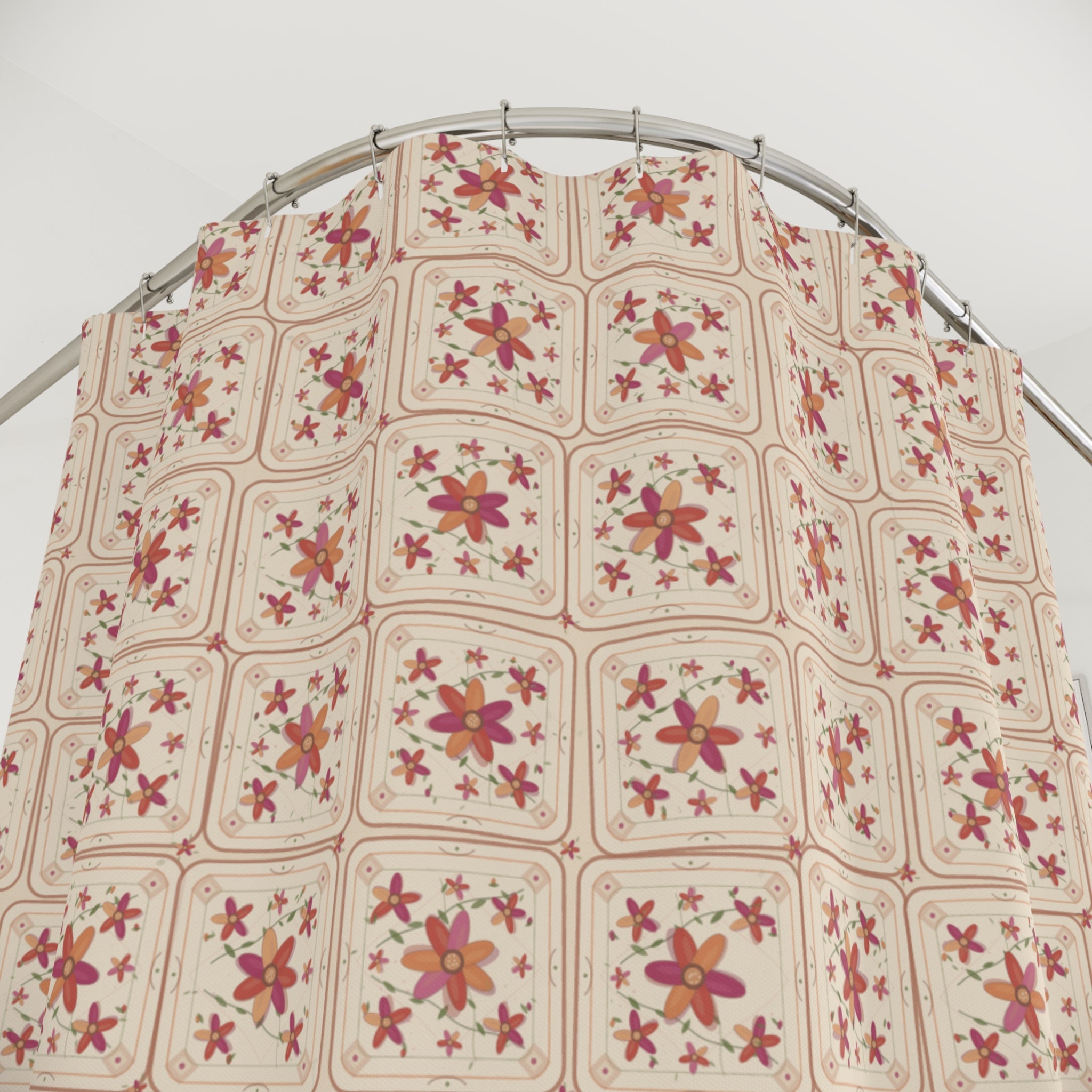 Mid-Century Floral Tile Shower Curtain – Pink & Orange