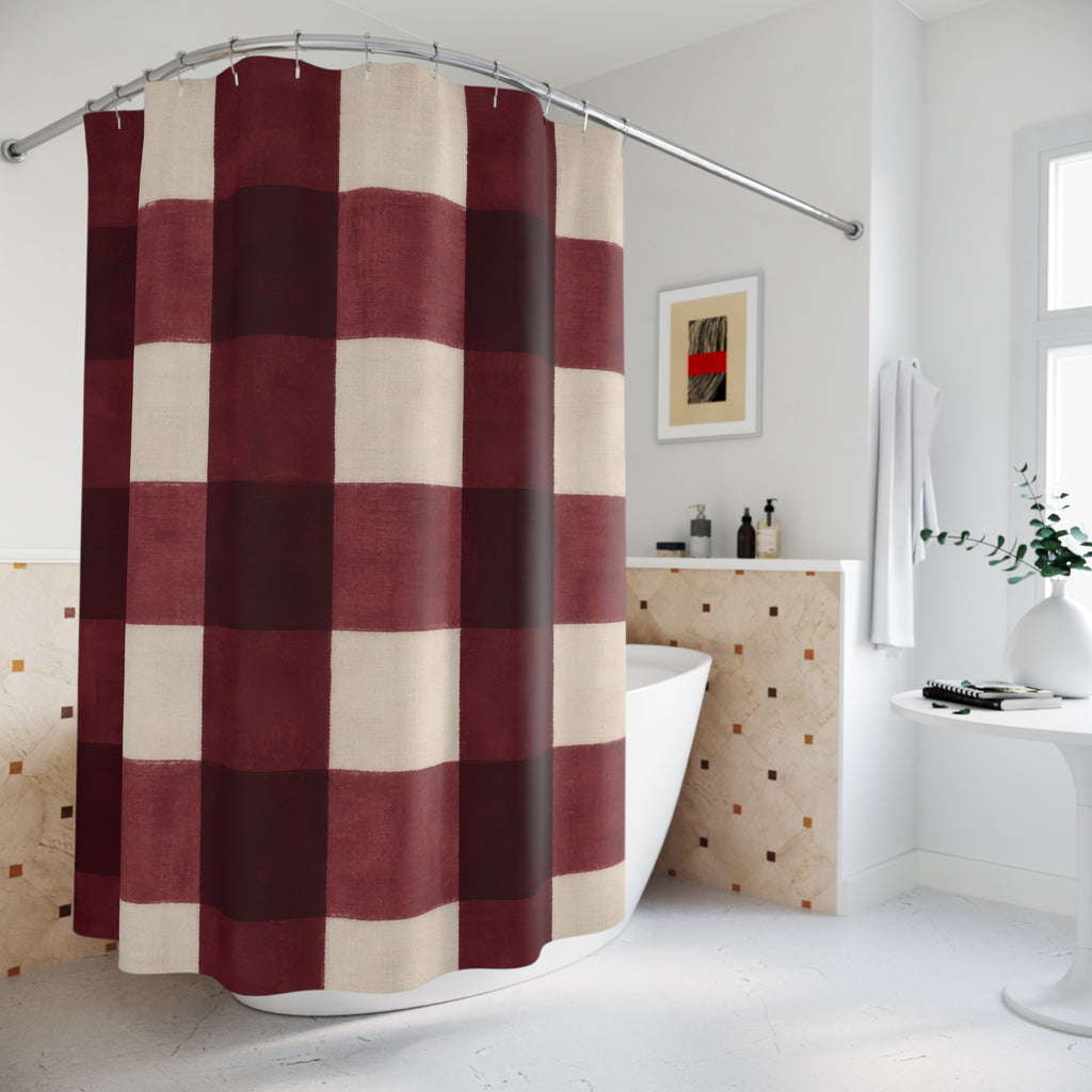 Buffalo Check Shower Curtain, Burgundy Red Cream Plaid Pattern, Farmhouse Bathroom Decor, Country Guest Bath Holiday Style