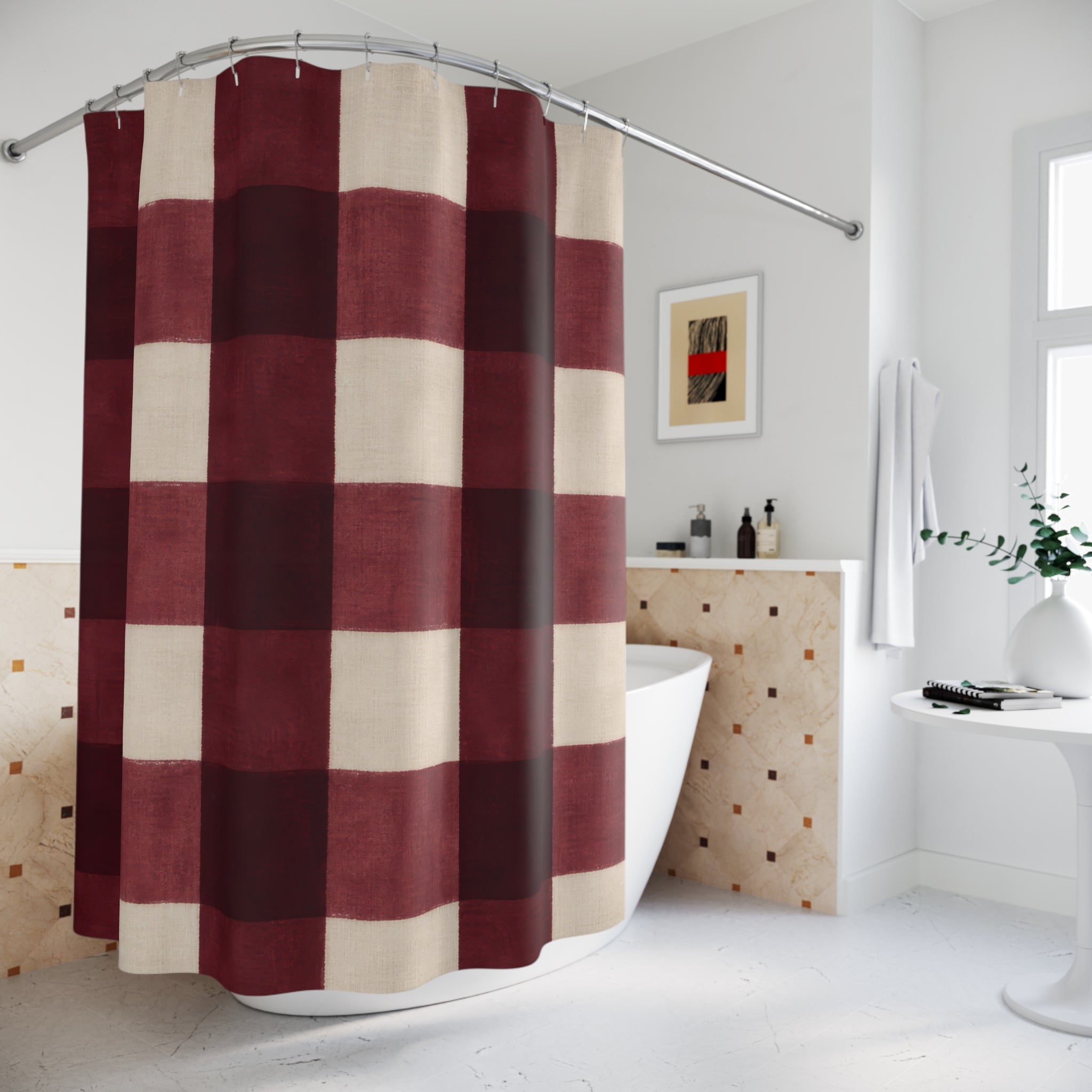 Buffalo Check Shower Curtain, Burgundy Red Cream Plaid Pattern, Farmhouse Bathroom Decor, Country Guest Bath Holiday Style