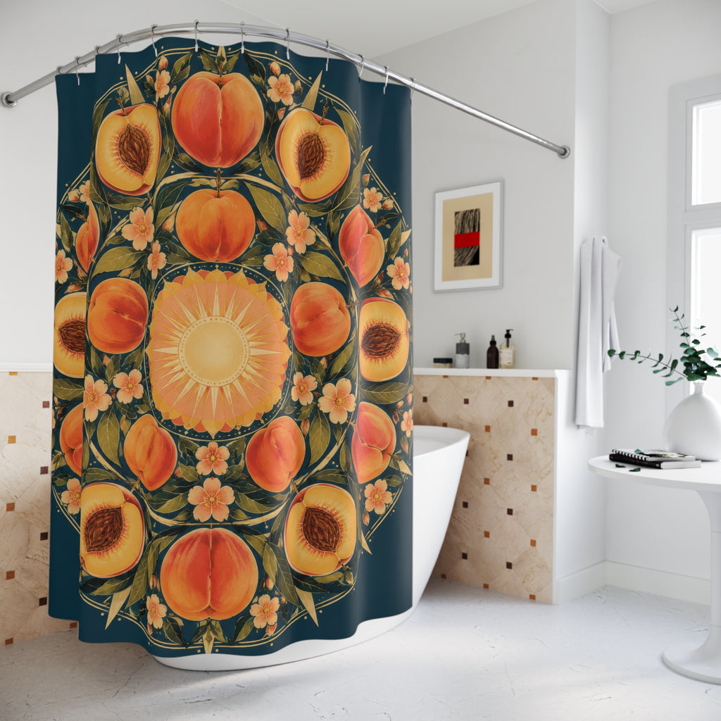 Peaches in a gold botanical medallion on teal shower curtain beside a freestanding tub