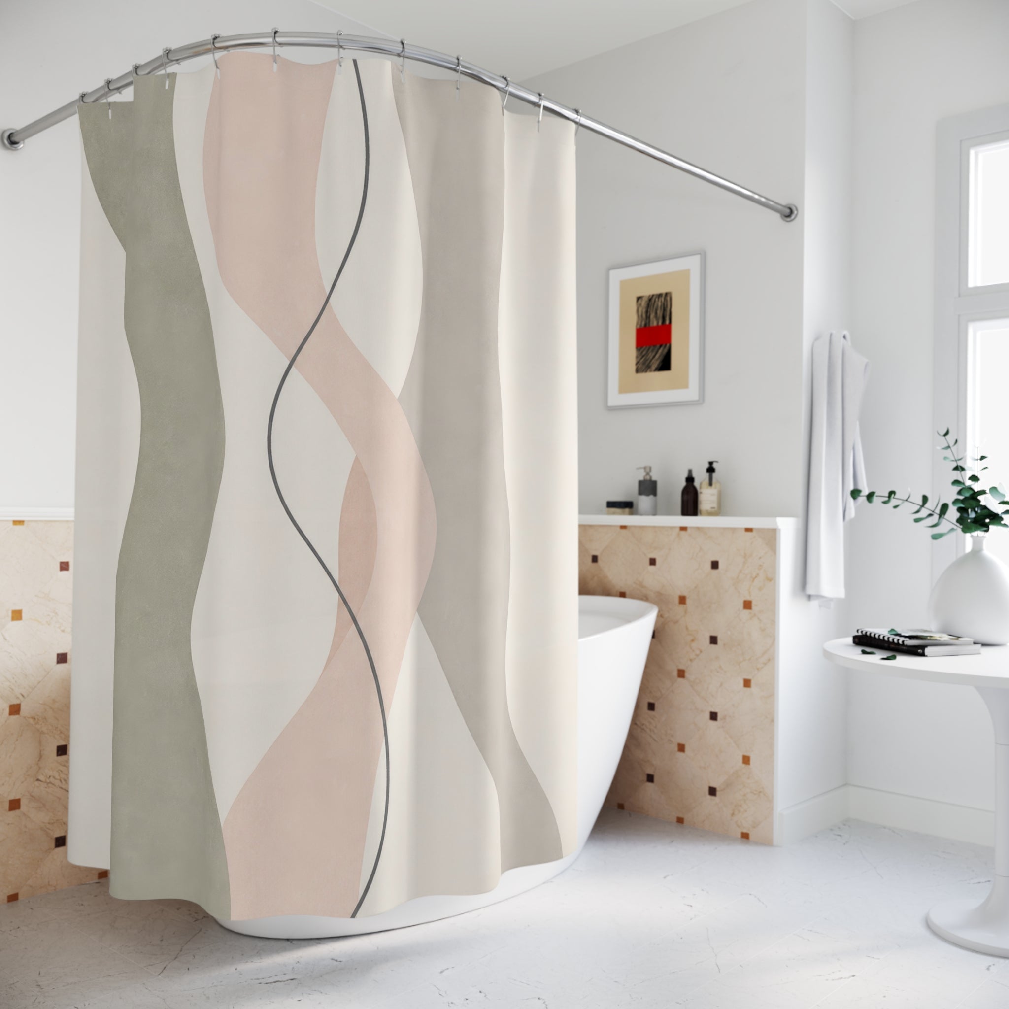 Sage Blush Wavy Ribbon Shower Curtain