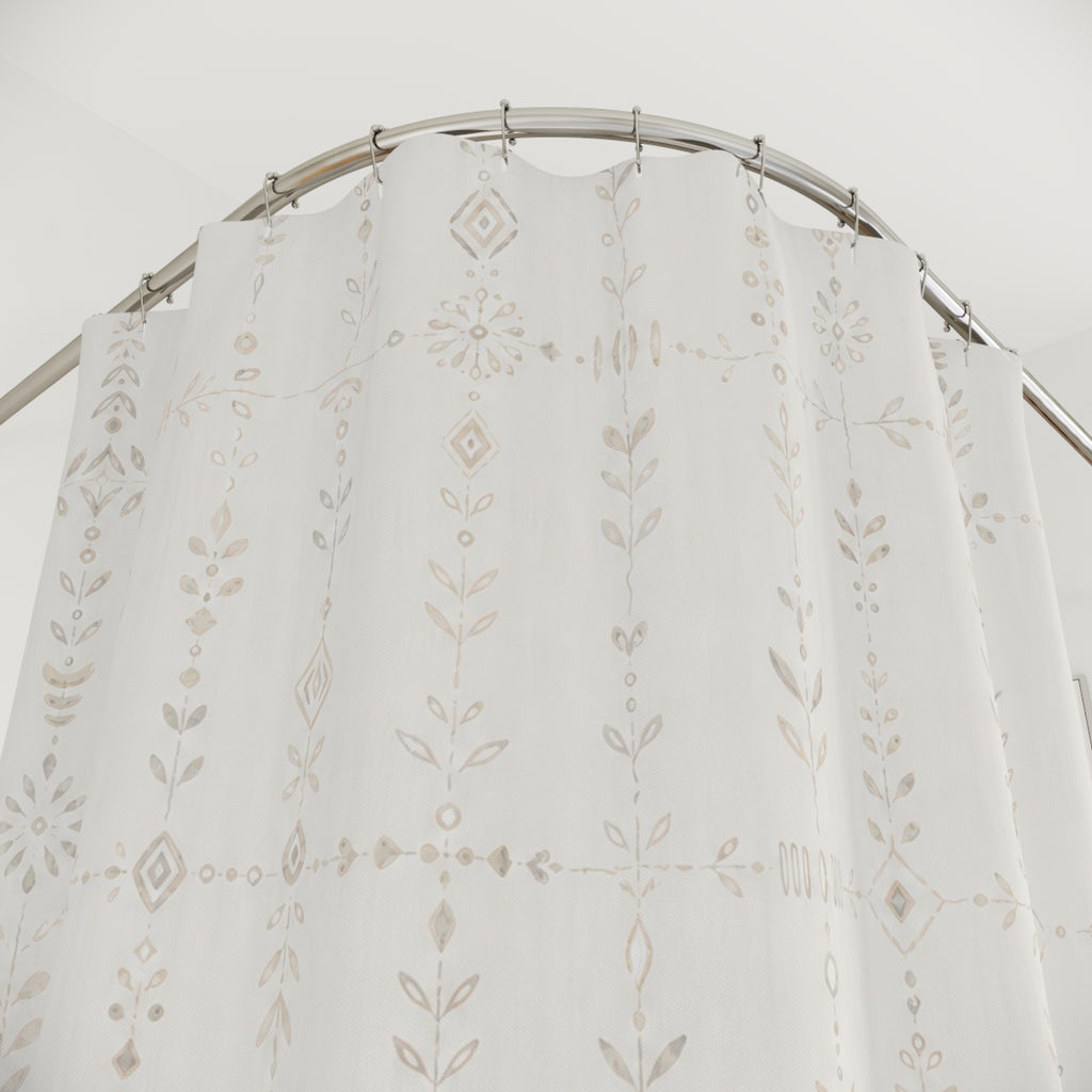 White Botanical Shower Curtain, Boho Stripe Bath Decor, Ivory Leaf Mark Pattern, Cream Guest Bathroom Decor, Soft Neutral Style Decor