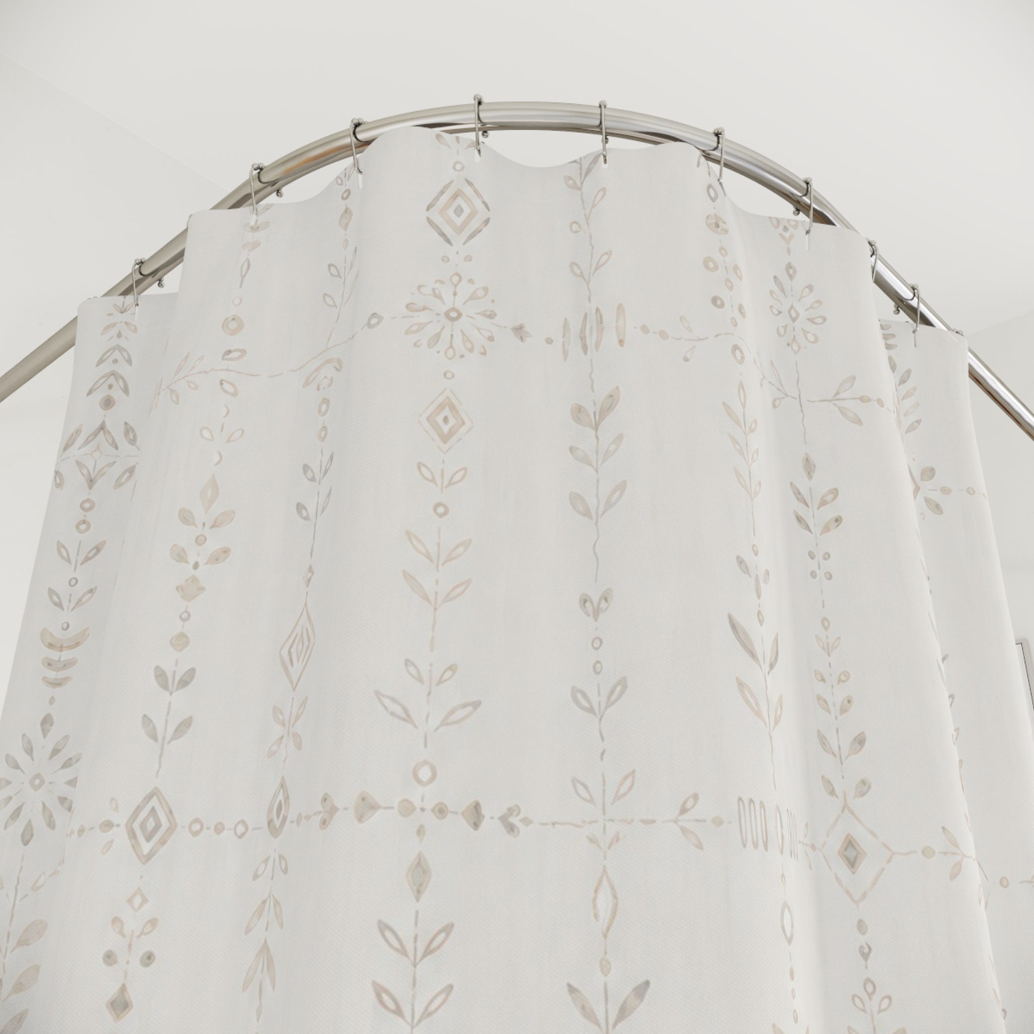 White Botanical Shower Curtain, Boho Stripe Bath Decor, Ivory Leaf Mark Pattern, Cream Guest Bathroom Decor, Soft Neutral Style Decor