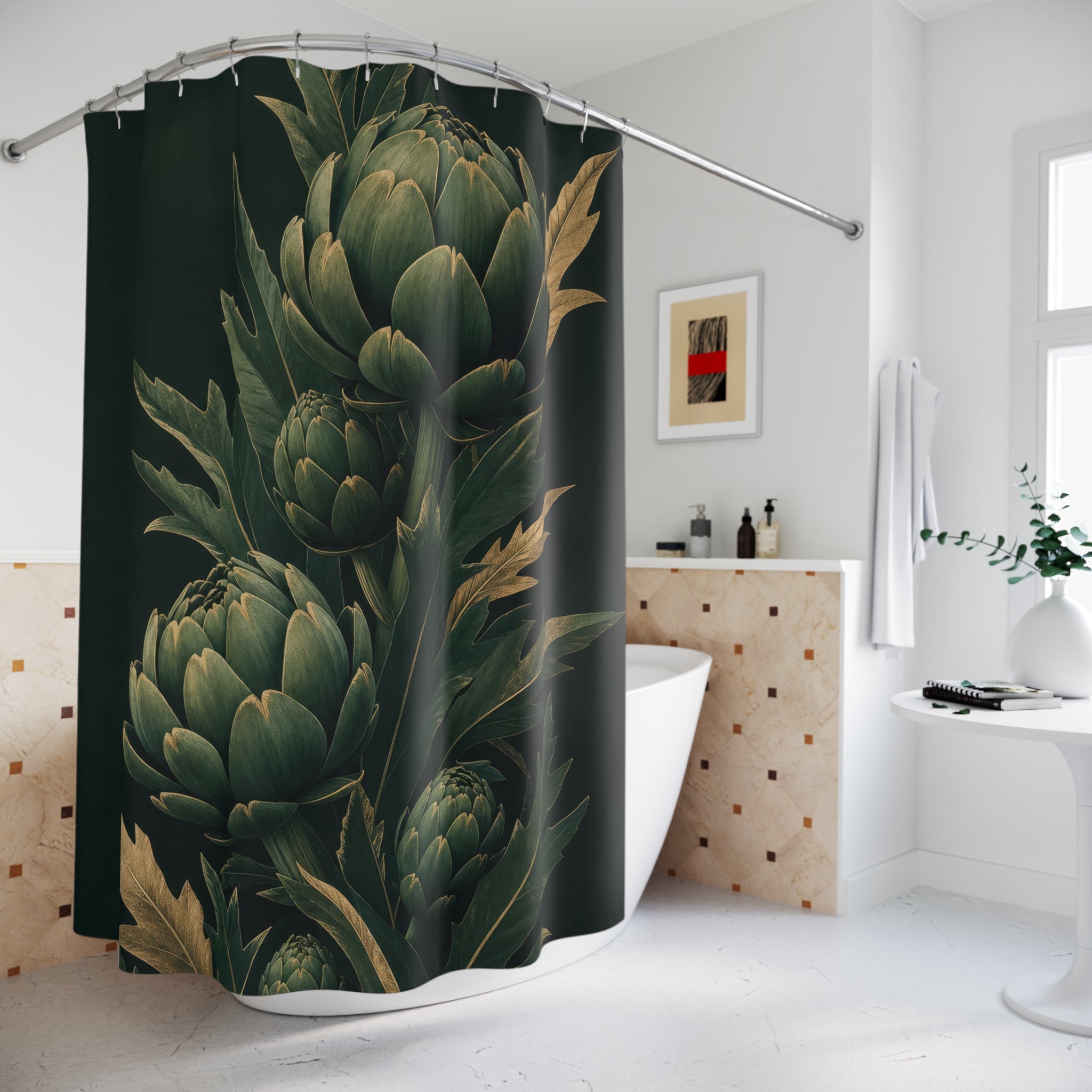 Dark Green Artichoke Botanical Shower Curtain