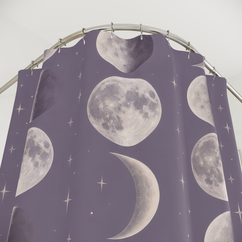 Pearl moon phases and small stars on dusty lavender shower curtain with close-up print, hooks, and folds