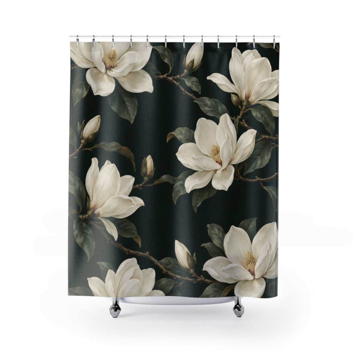 Creamy-white magnolias and olive leaves on dark green shower curtain with full front view