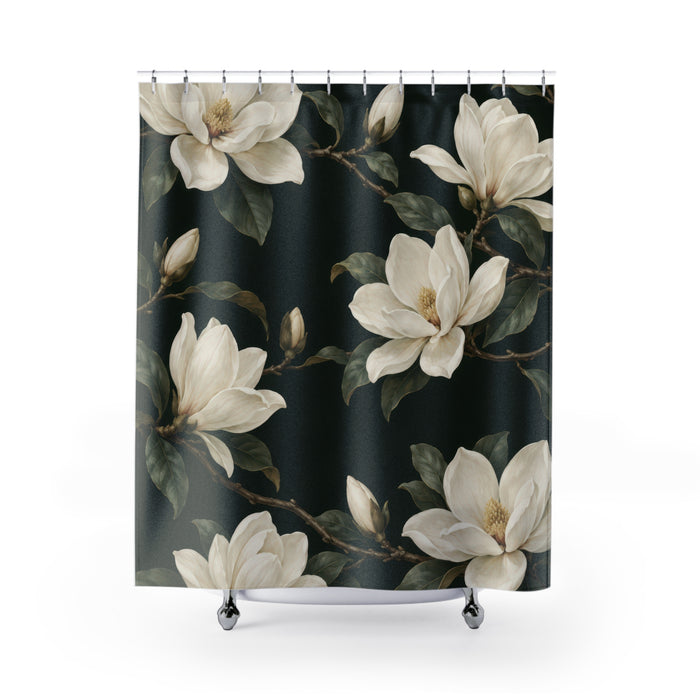Creamy-white magnolias and olive leaves on dark green shower curtain with full front view