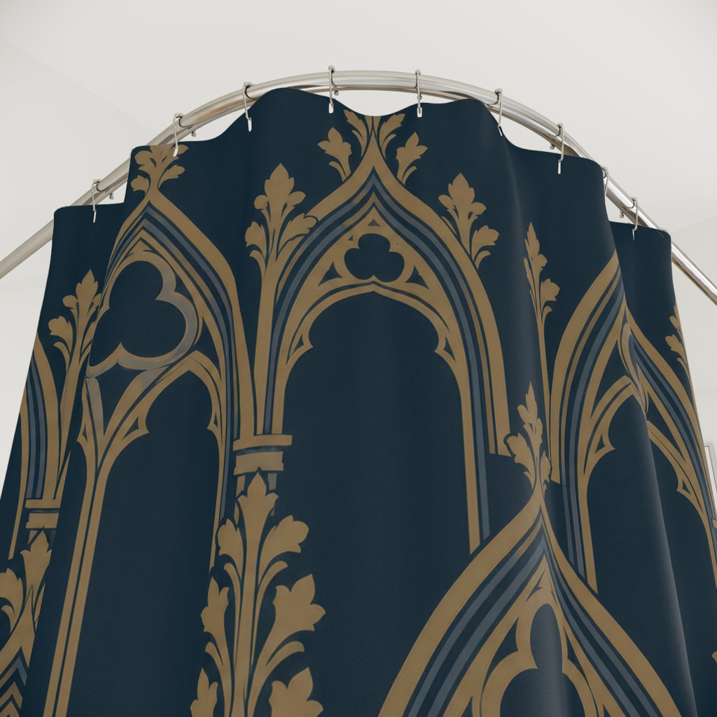 Ochre pointed arches and trefoil tracery on dark navy shower curtain with close-up print, hooks, and folds