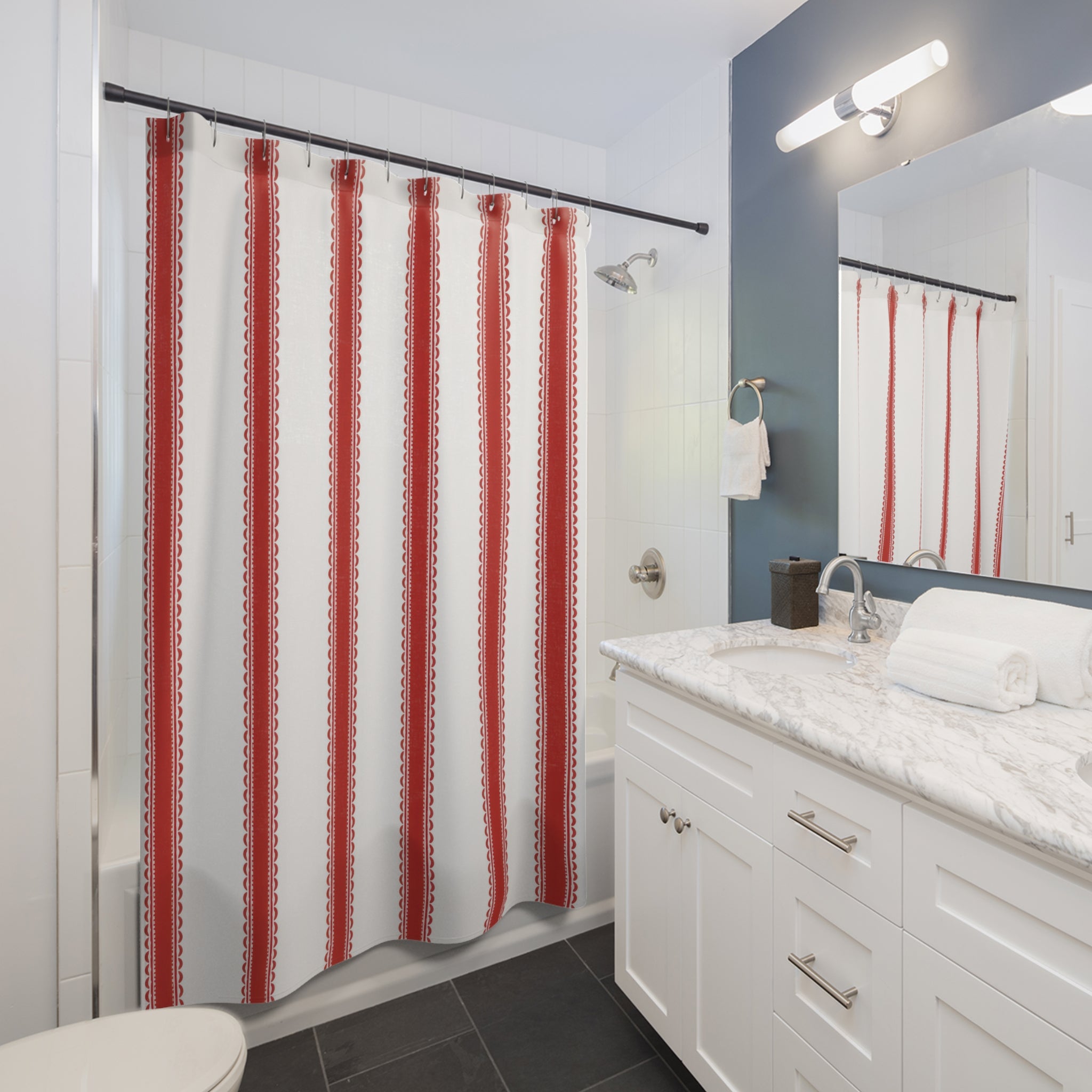 Red and White Ribbon Stripe Shower Curtain: Preppy Cottage