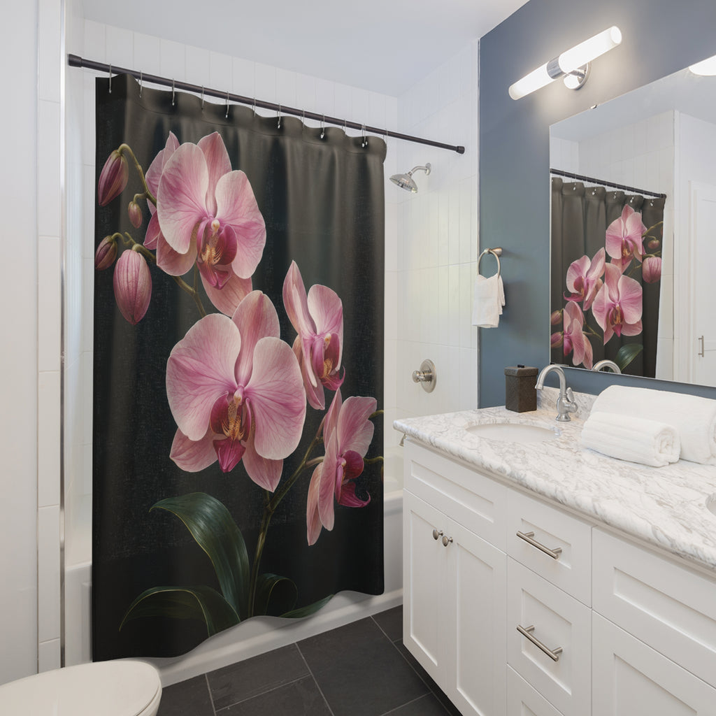 Pink orchids with burgundy centers on midnight teal shower curtain beside a white vanity