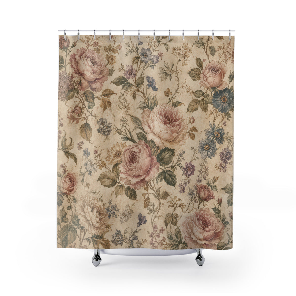 Cottage Floral vintage rose soft shower curtain with full front view