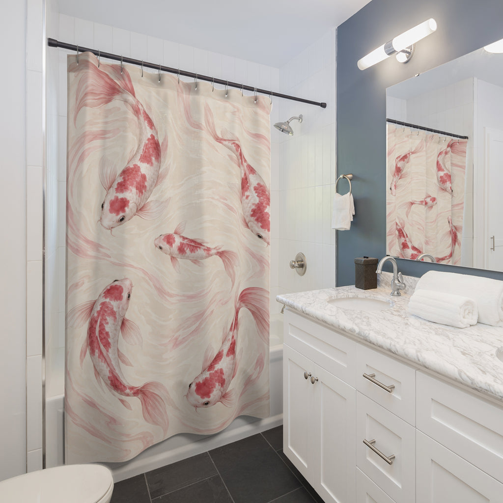 Pink and white koi gliding through pale cream water shower curtain beside a white vanity