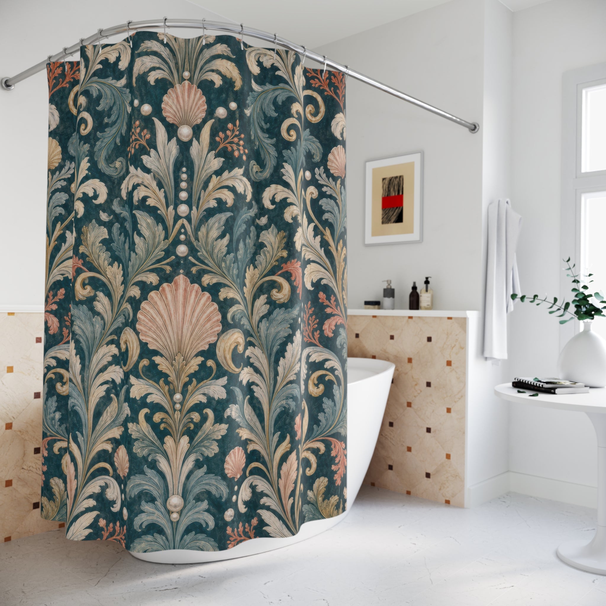 Teal Damask Floral Shower Curtain
