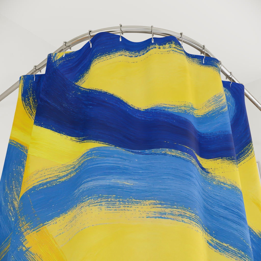 Blue brushstroke loops crossing a sunny yellow ground shower curtain with close-up print, hooks, and folds