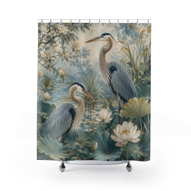 Blue Green Heron Shower Curtain: Lotus Pond Bird