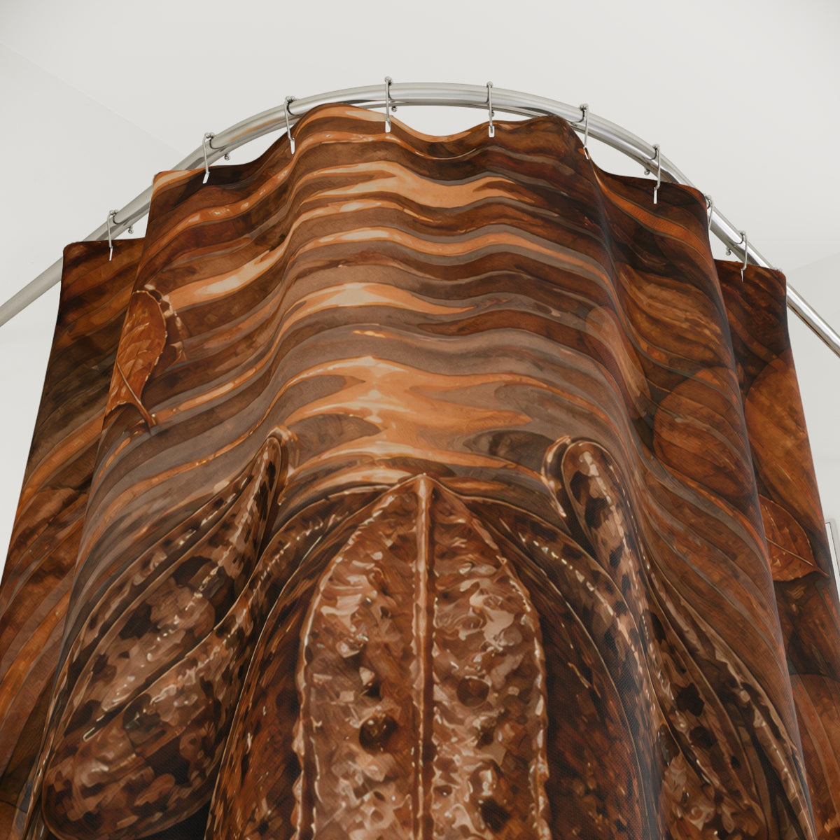 Brown frog centered in copper pond ripples shower curtain with close-up print, hooks, and folds