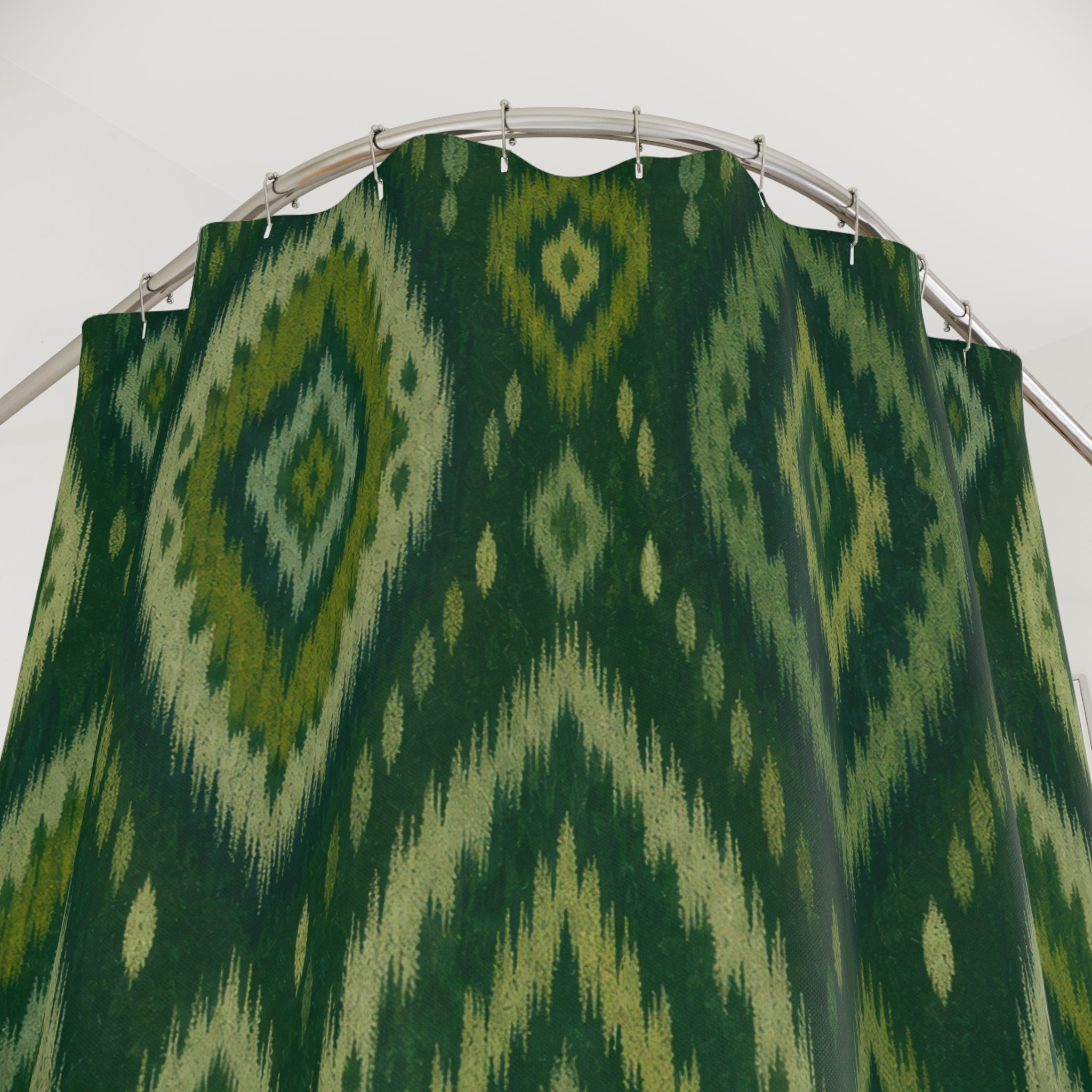 Green Boho Shower Curtain, Dark Ikat Diamond Bath Decor, Olive Geometric Pattern, Bohemian Guest Bathroom Decor, Earthy Style