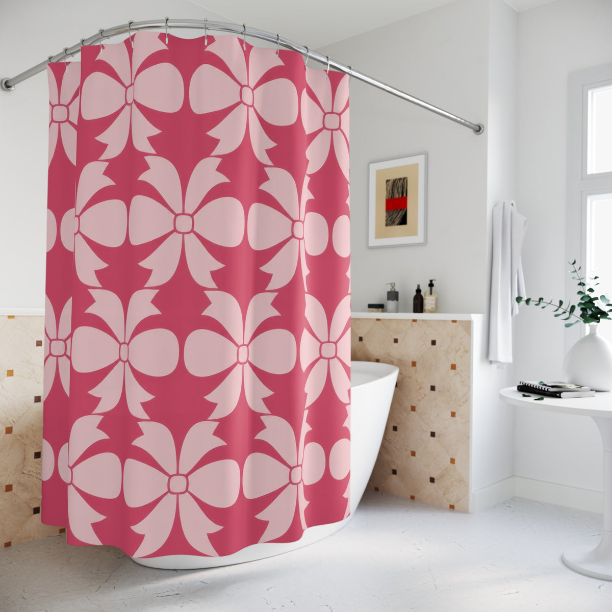 Pale pink bow ornaments on strawberry pink shower curtain beside a freestanding tub