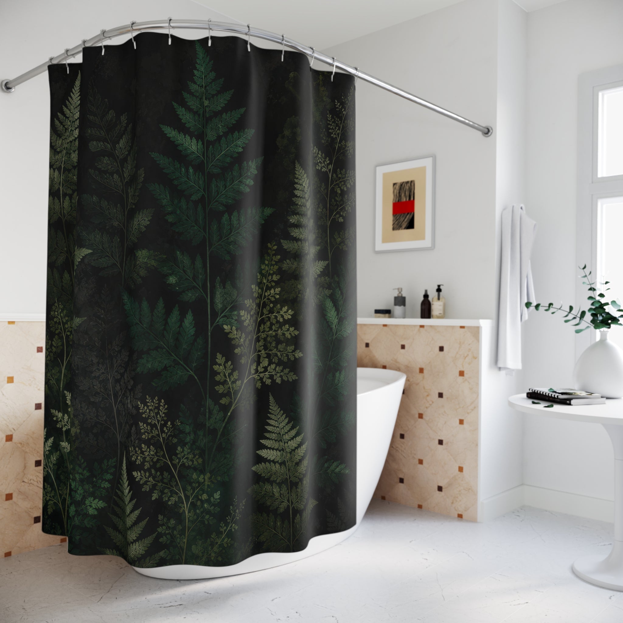 Black Green Botanical Shower Curtain