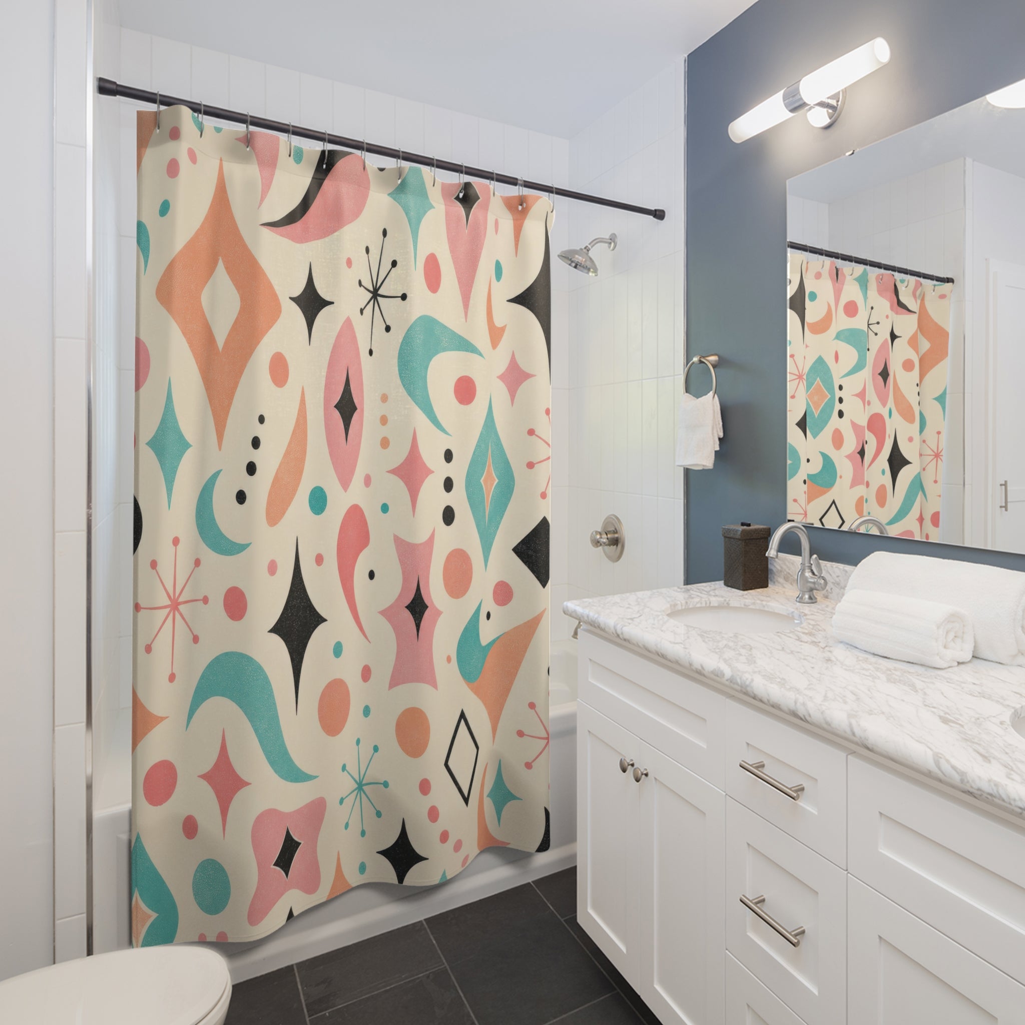 Retro Shower Curtain, Pink Teal Boomerang Atomic Pattern, Mid Century Bathroom Decor, Playful Guest Bath Wall Gift Idea For Home Style