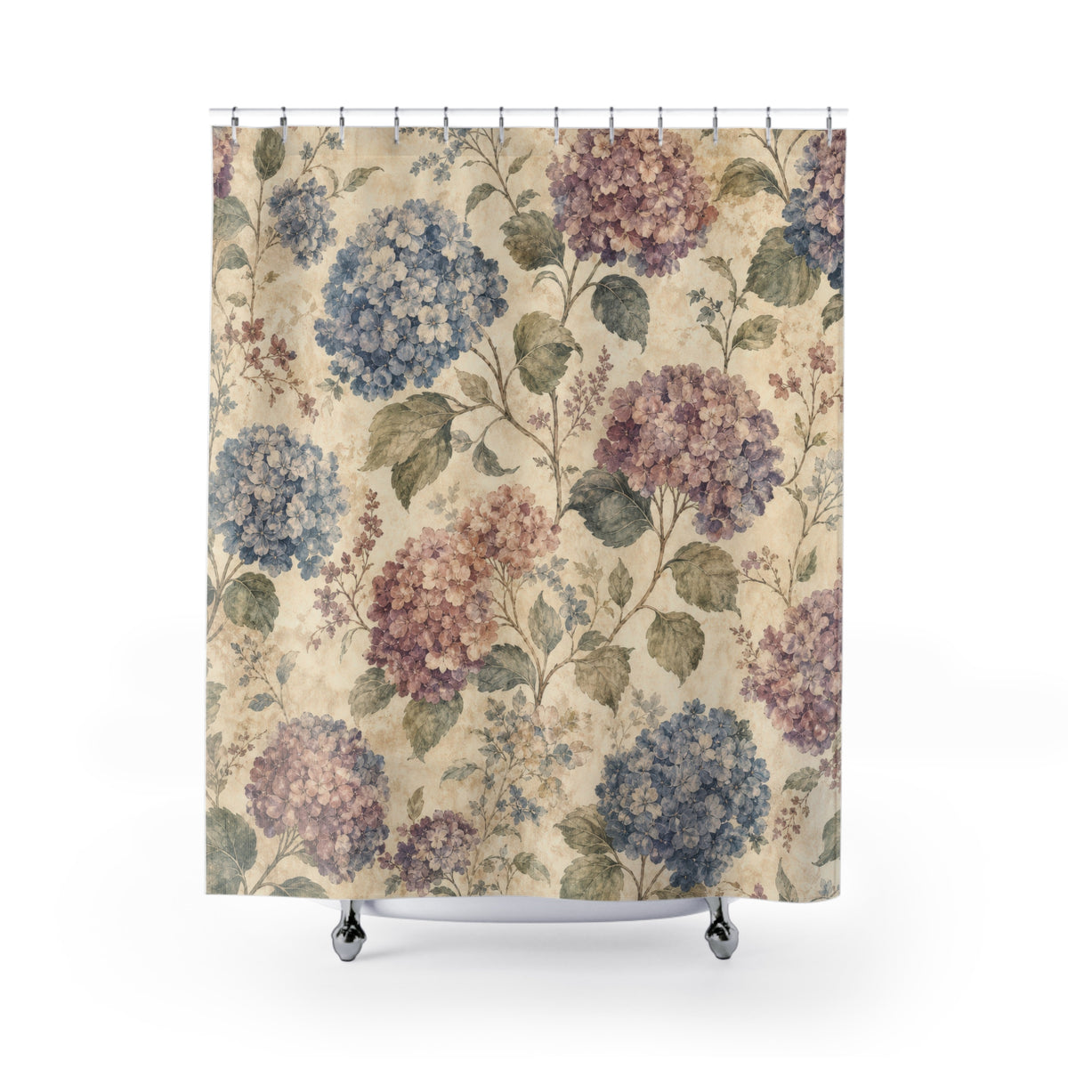 Blue Pink Vintage Floral hydrangea shower curtain with full front view