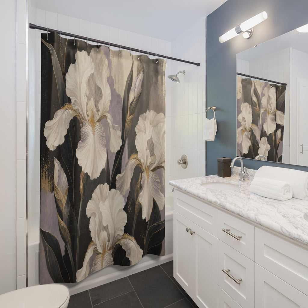 Black Iris White Floral Shower Curtain