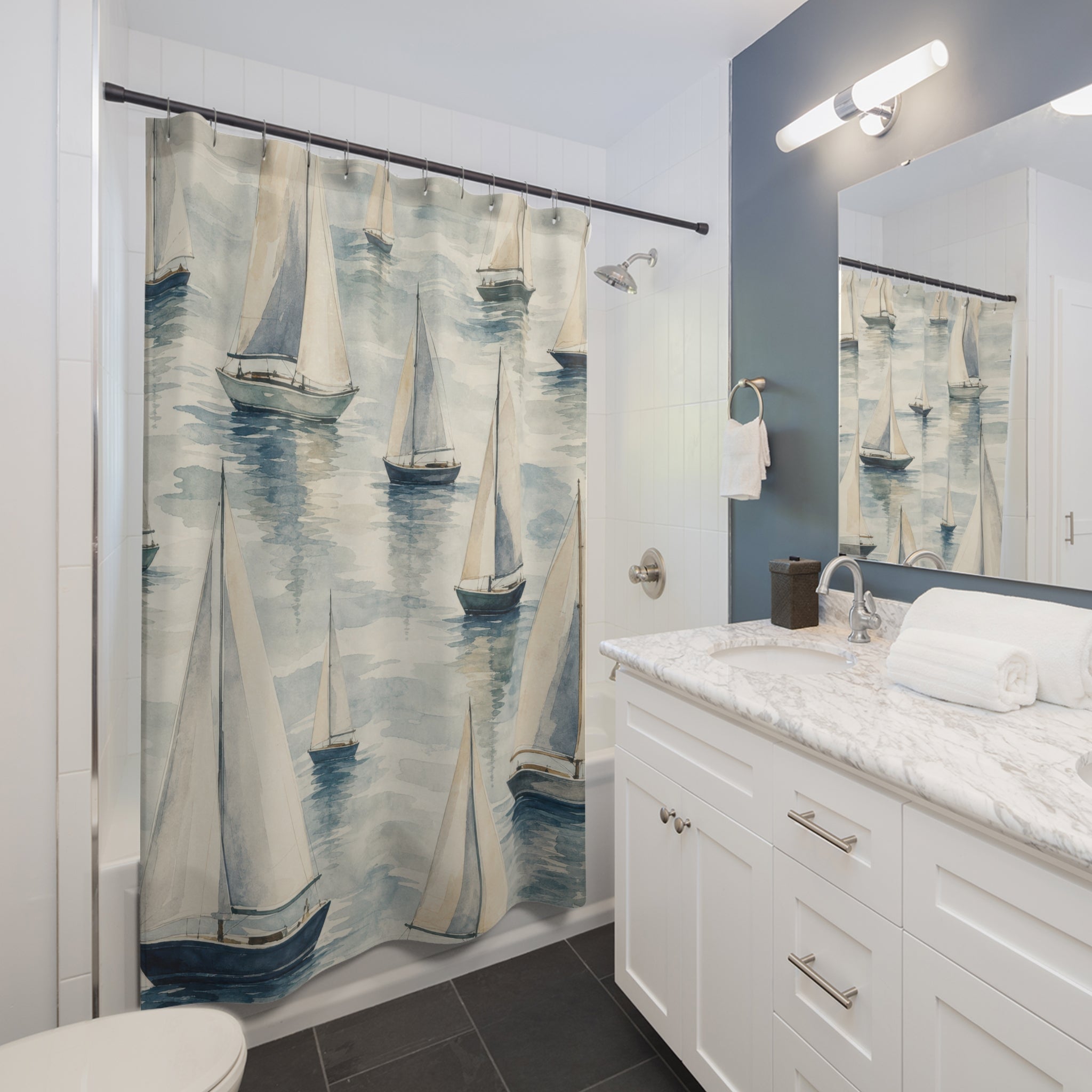 Sailboat Shower Curtain, Blue Watercolor Nautical Pattern, Coastal Bathroom Decor, Lake House Guest Bath Seaside Boat Style