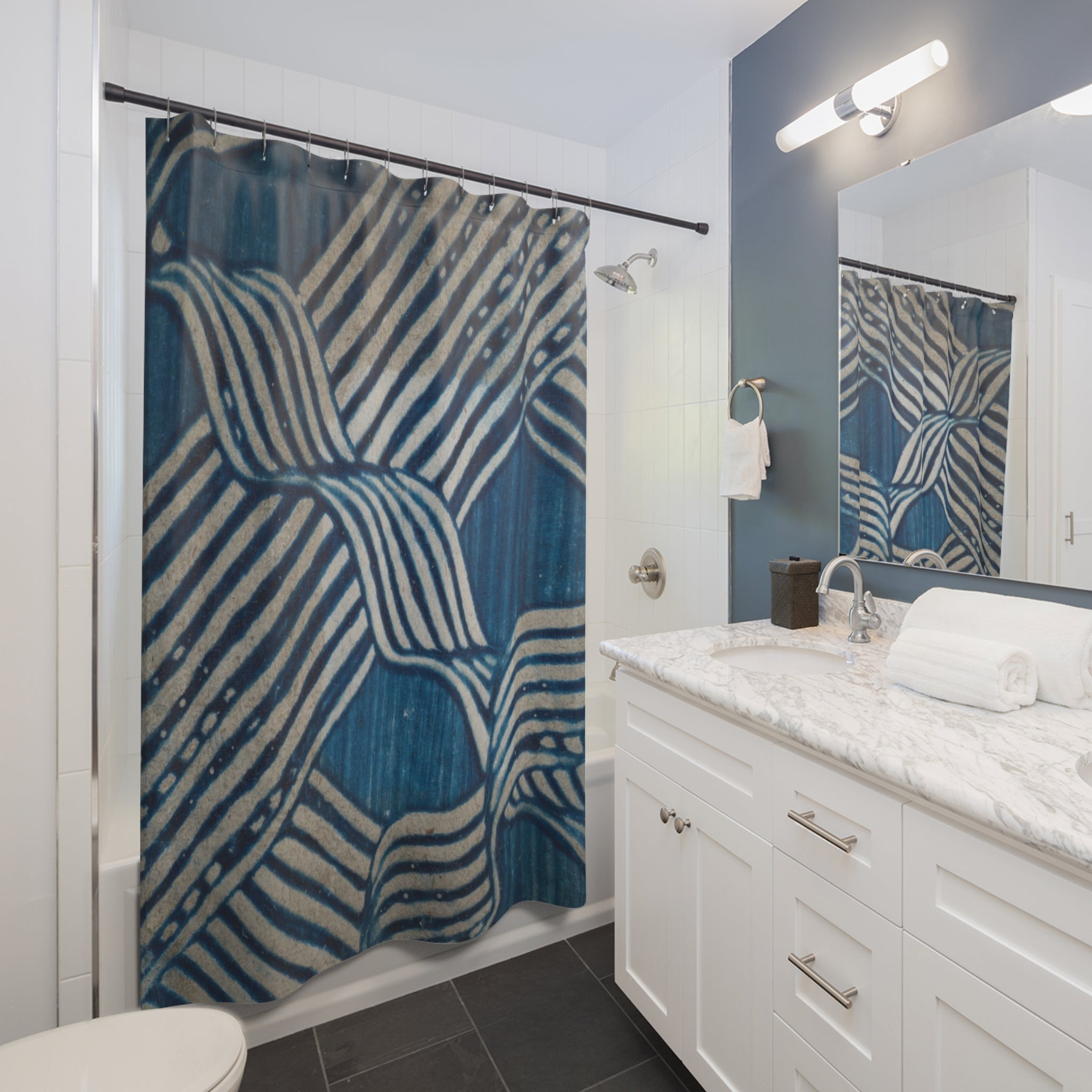 Blue Antique Ribbon Stripe Shower Curtain