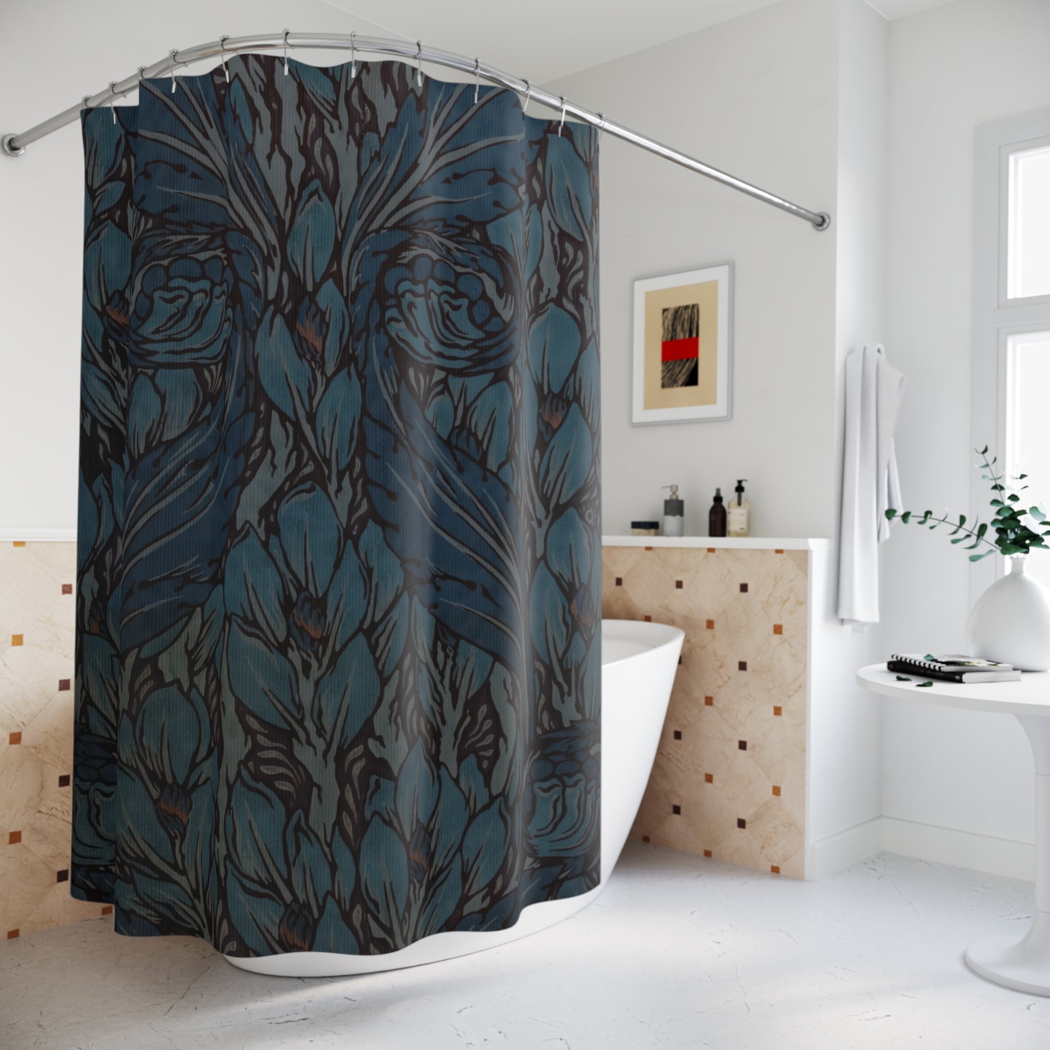 Mackmurdo Swirling Leaf Shower Curtain – Blue Art Nouveau