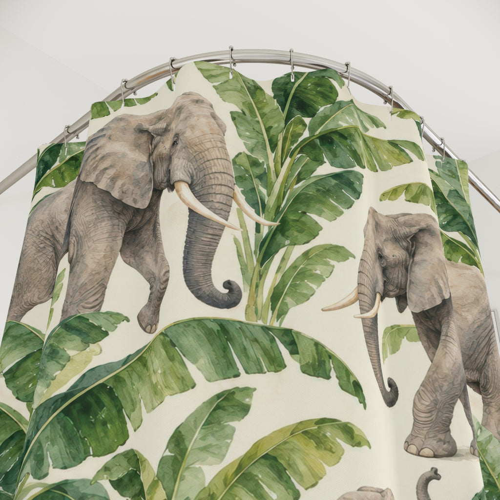 Elephant and green banana leaf pattern shower curtain with close-up print, hooks, and folds