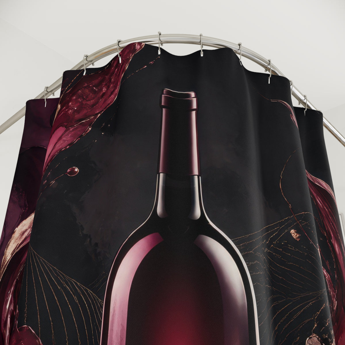Burgundy wine bottle framed by sweeping plum ribbons shower curtain with close-up print, hooks, and folds