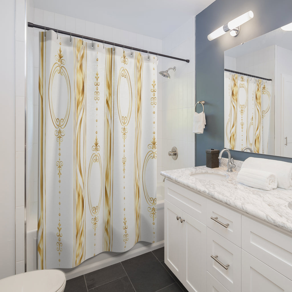 Gold Regency ribbons and vertical ornament on white shower curtain beside a white vanity