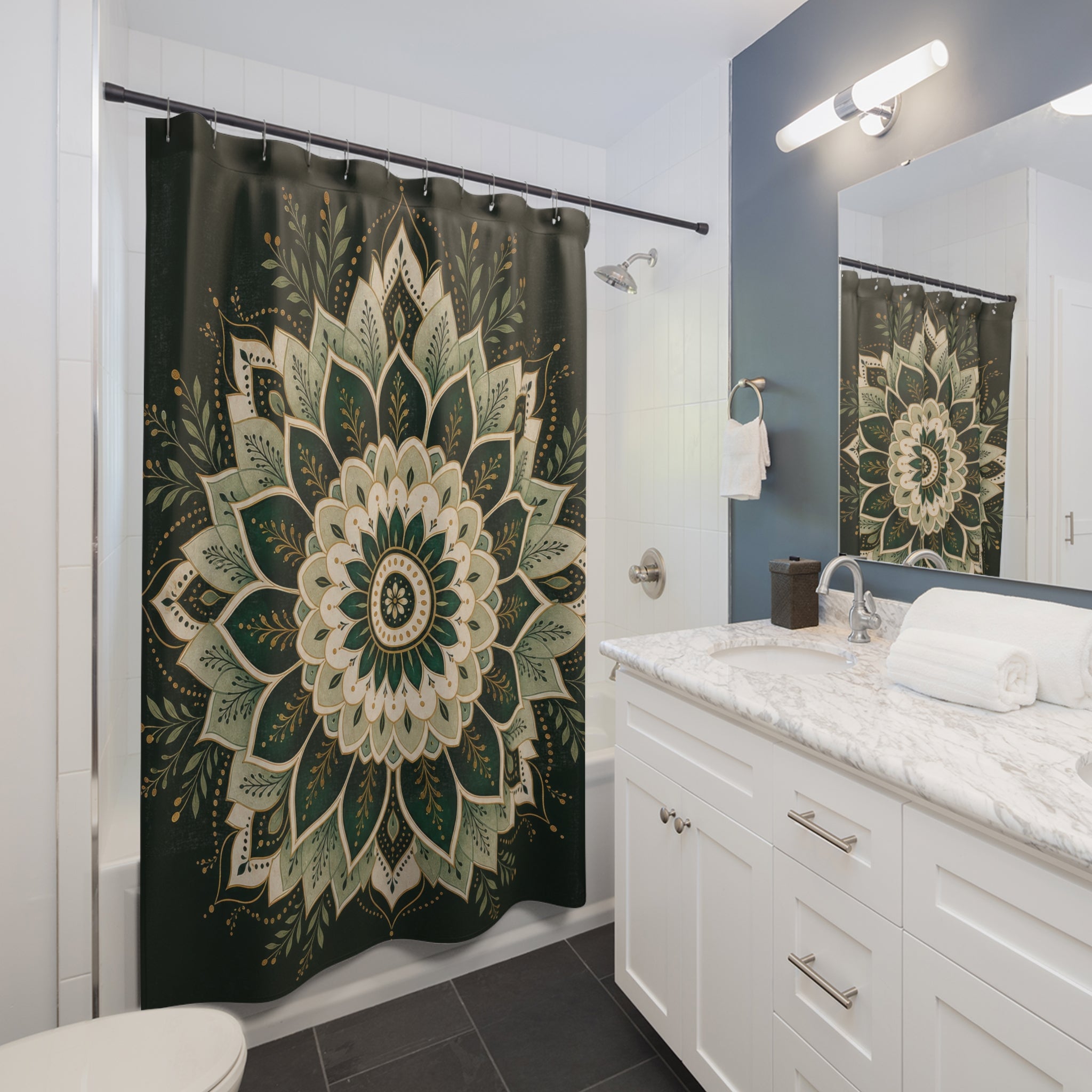 Dark Emerald Gold Medallion Shower Curtain