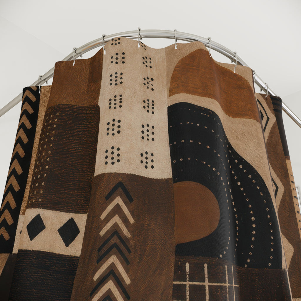 Boho Shower Curtain, Black Brown Western Bath Decor, Cream Tan Patchwork Pattern, Warm Southwestern Neutral Guest Bathroom Decor Style