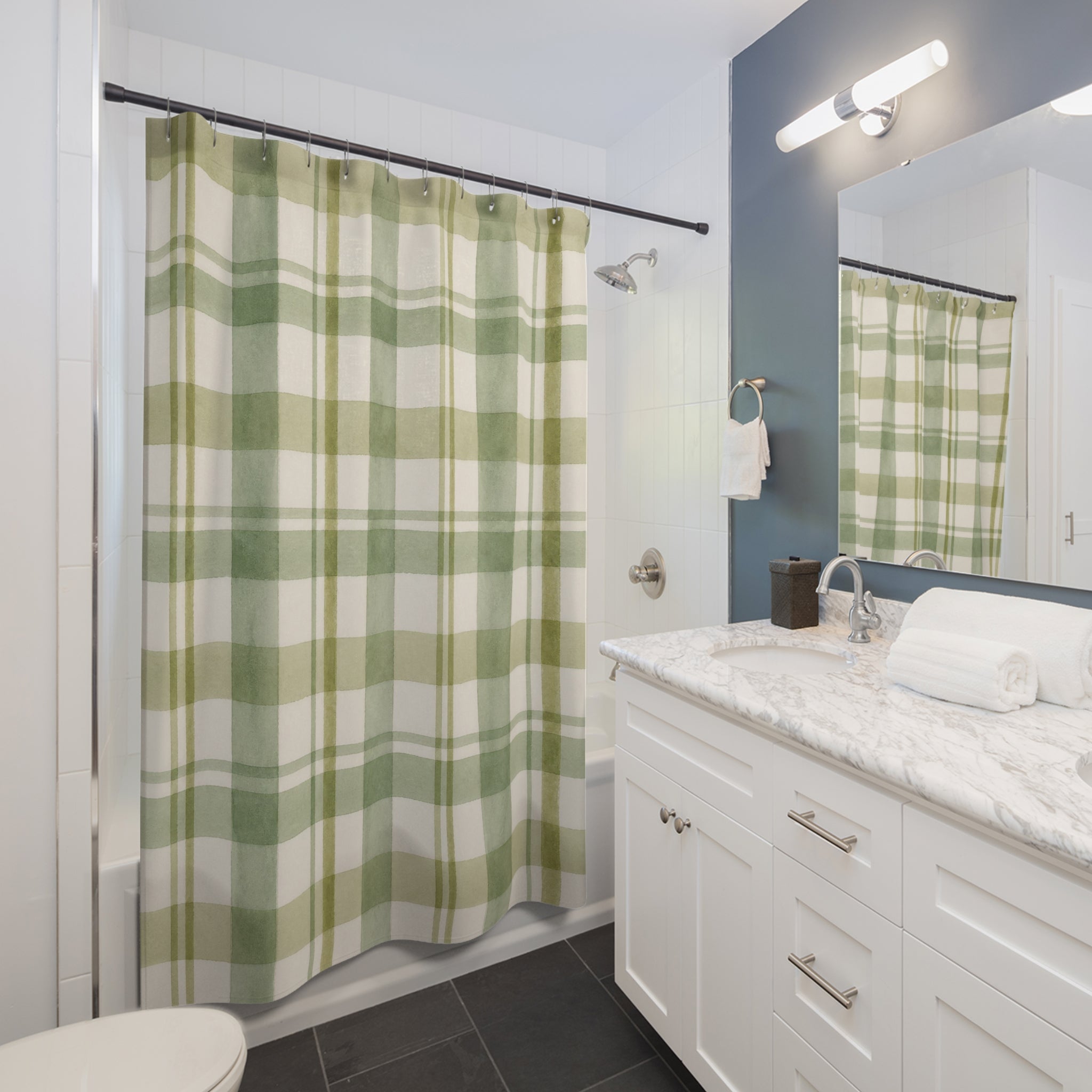 Green Gingham Plaid Shower Curtain