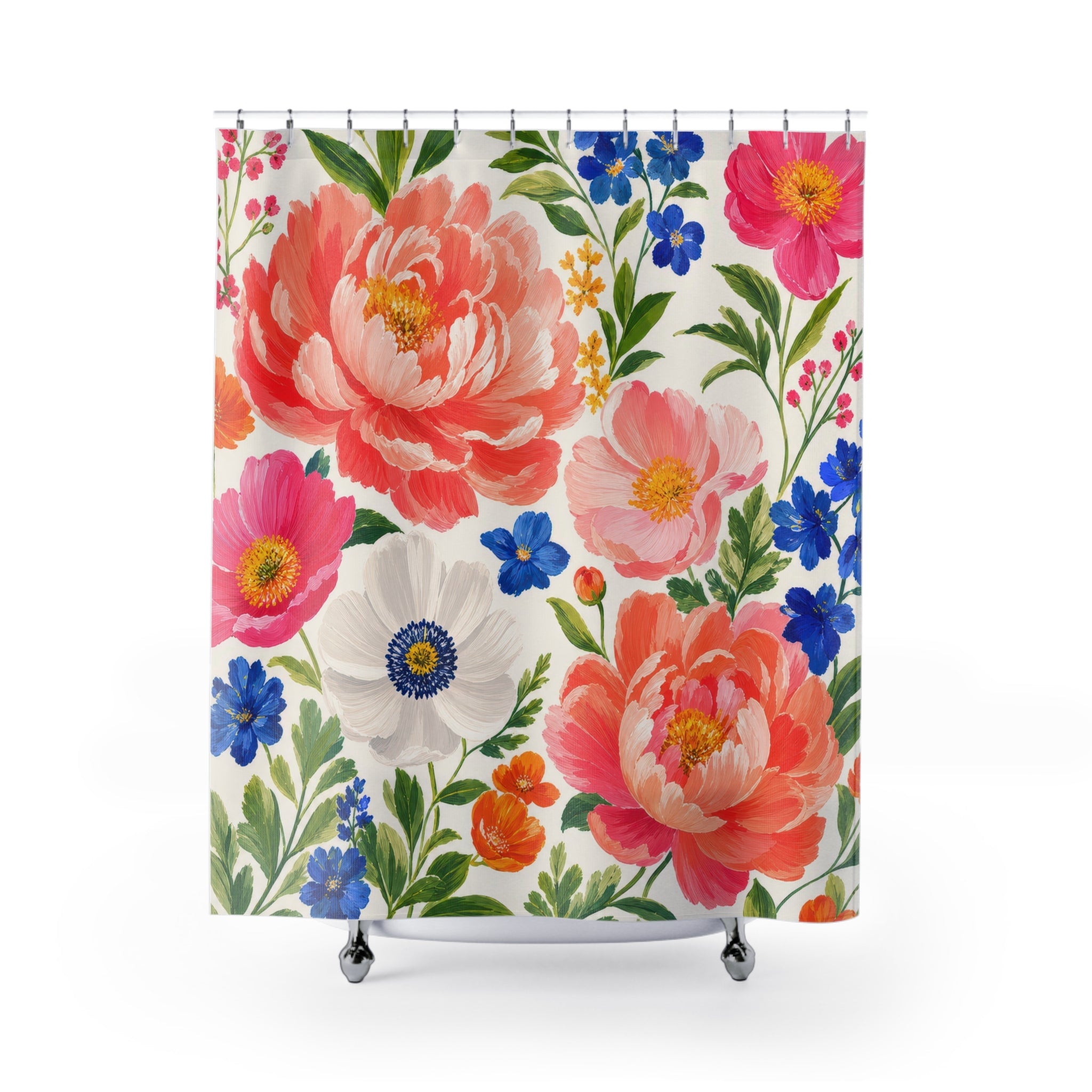 Bright Pink Blue Garden Flower Floral Shower Curtain