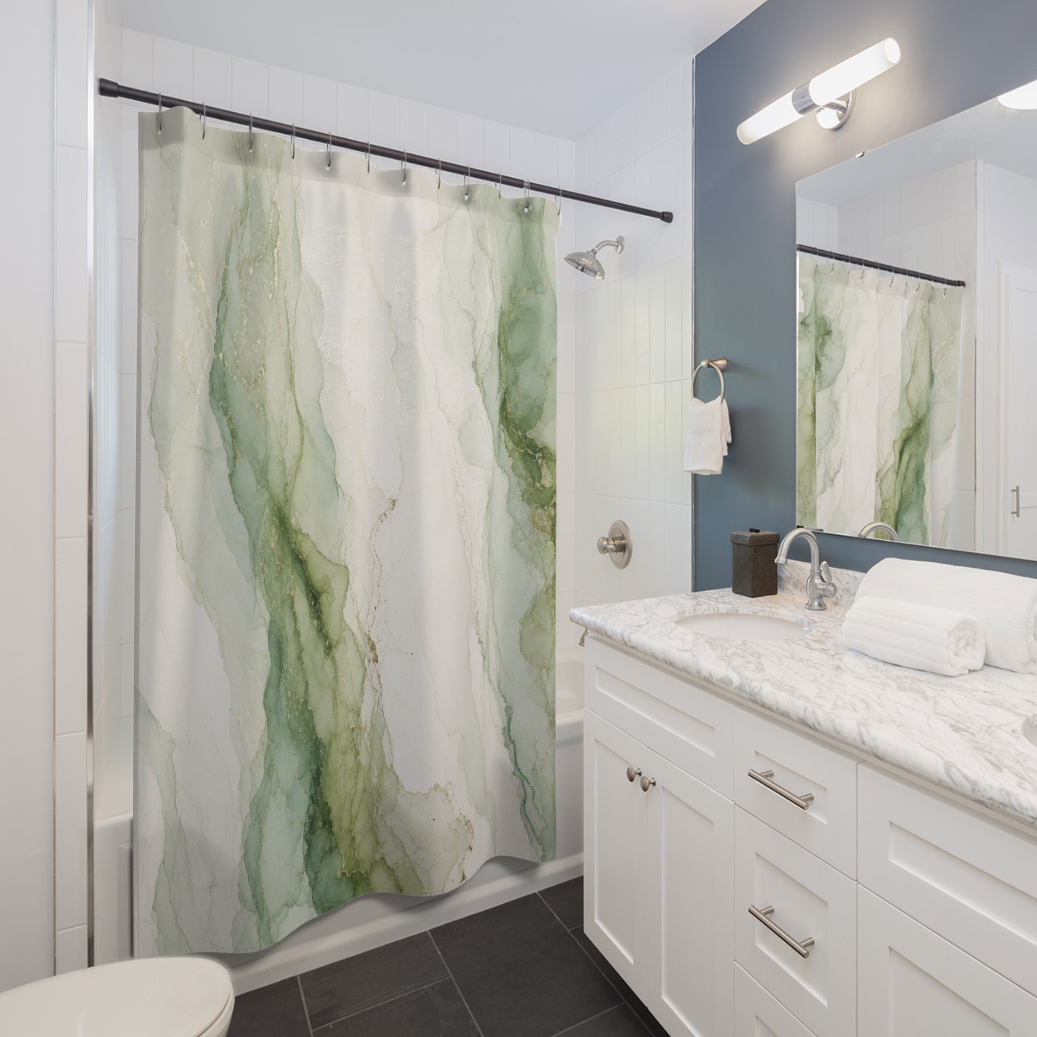 Watercolor Marble Green White Shower Curtain