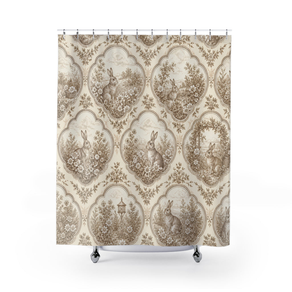 Cream Rabbit Cameo Toile shower curtain with full front view