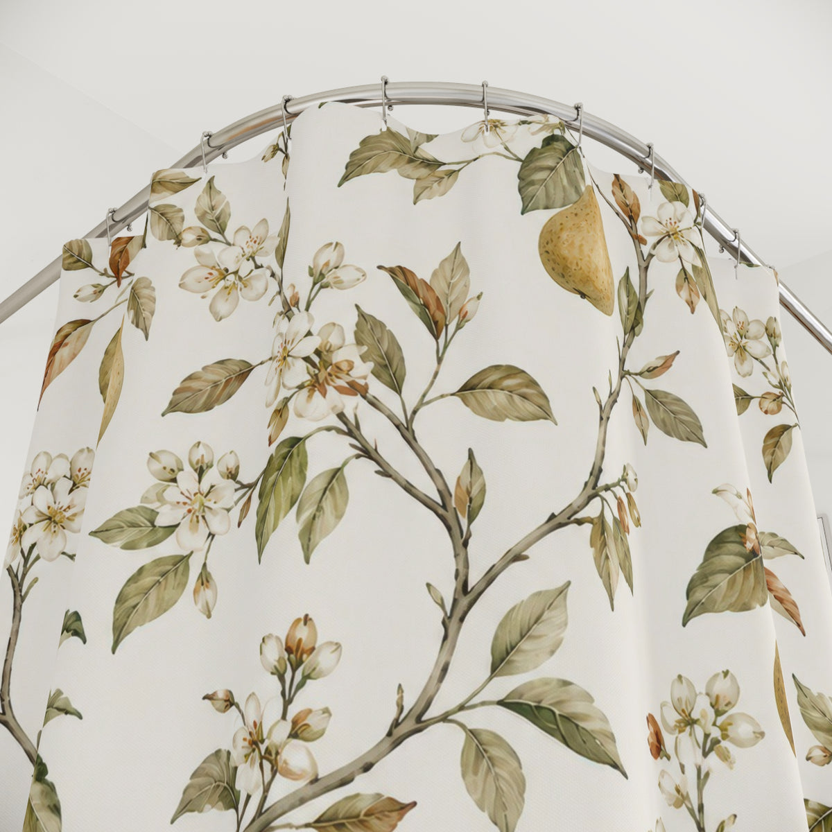 Pear Blossom Botanical fruit pattern shower curtain with close-up print, hooks, and folds