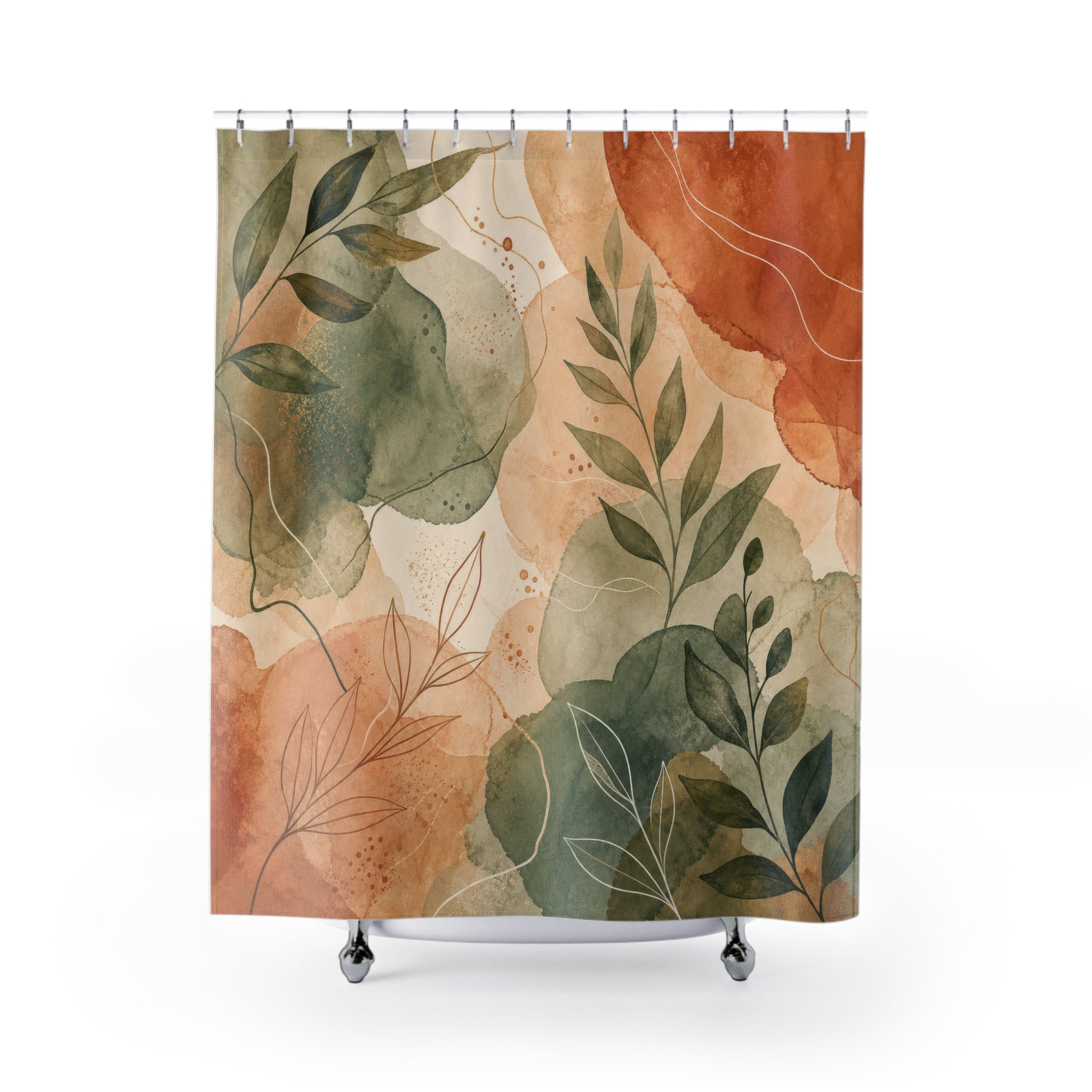 Green Botanical Terracotta Sage Watercolor Floral Shower Curtain