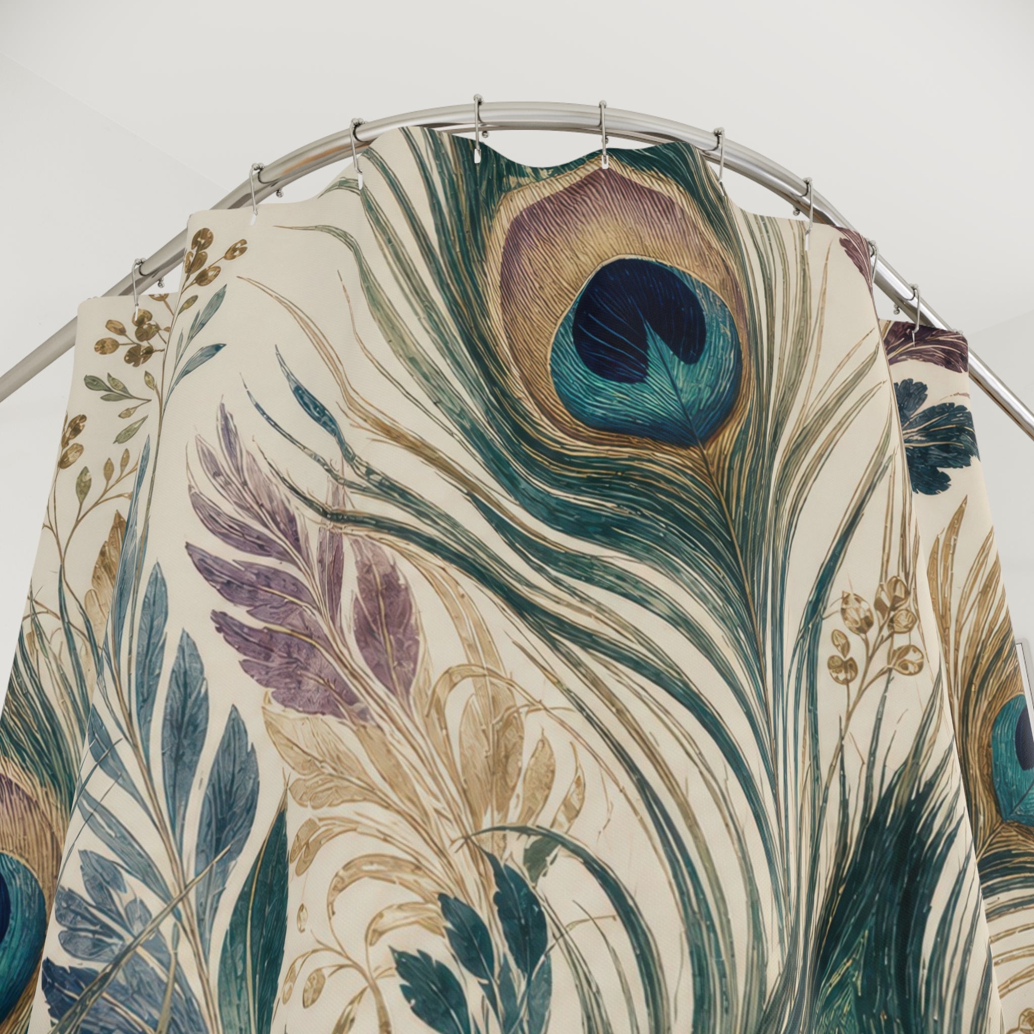 Blue Green Feather Botanical Peacock Shower Curtain
