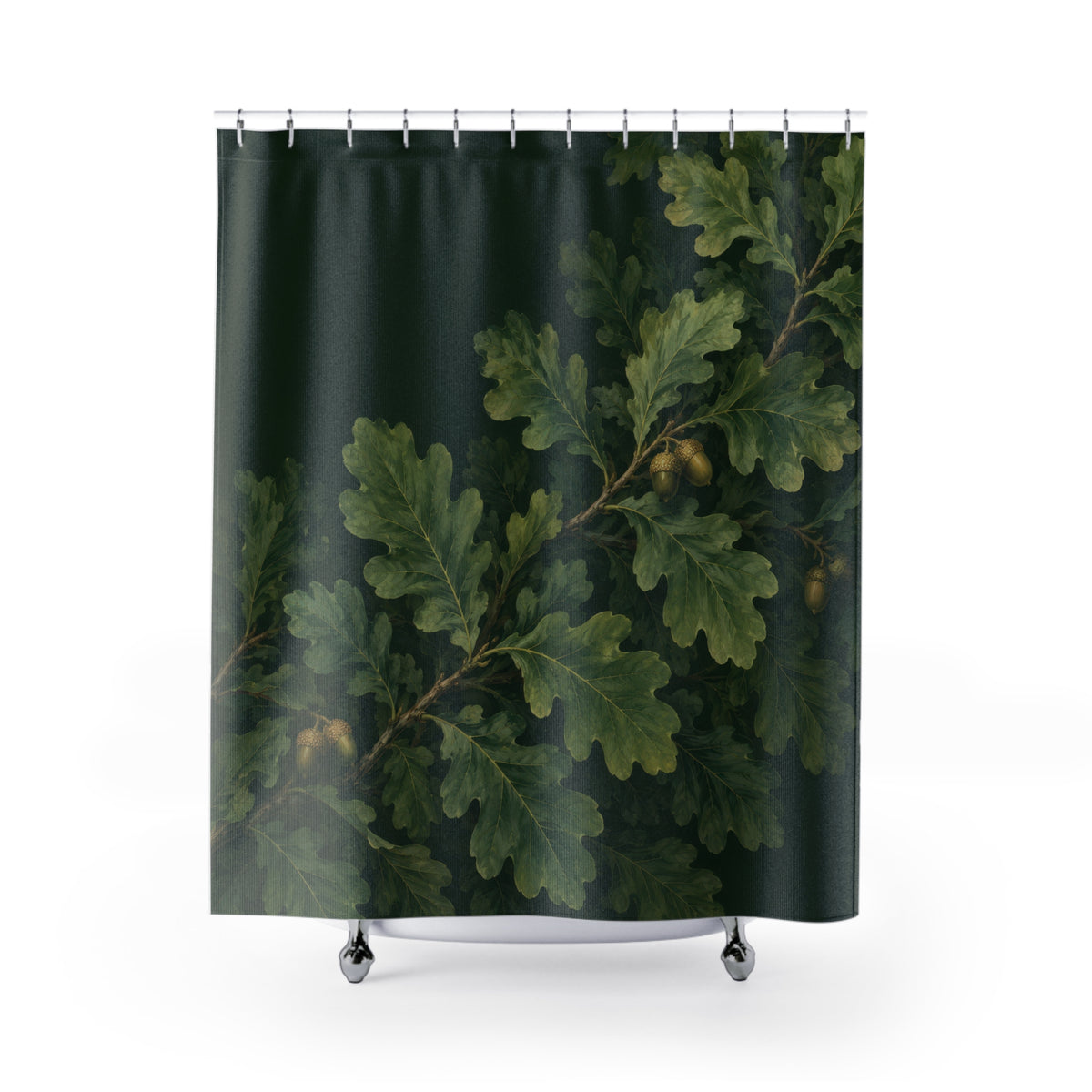 Oak leaves and acorns on forest green shower curtain with full front view
