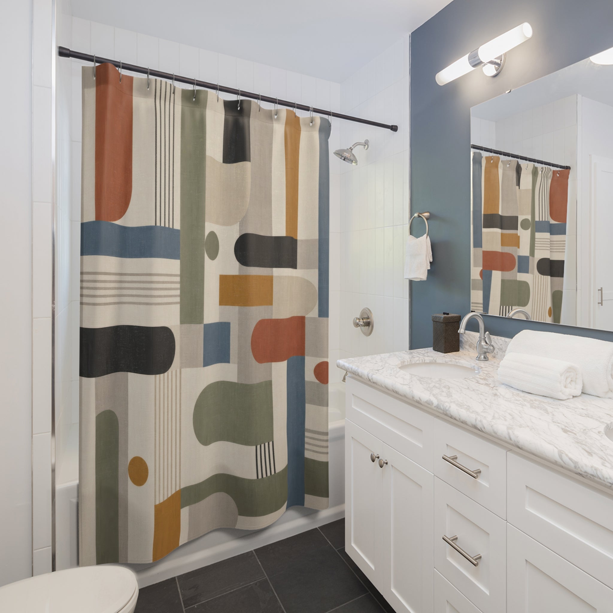Modern Geometric Shower Curtain, Bauhaus Stripe Blocks, Blue Green Terracotta Abstract Bathroom Decor, Mid Century Bath Style, Retro Decor