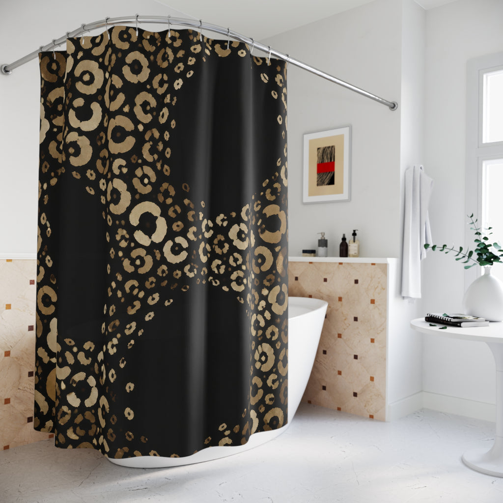 Champagne cheetah print around black portals shower curtain beside a freestanding tub