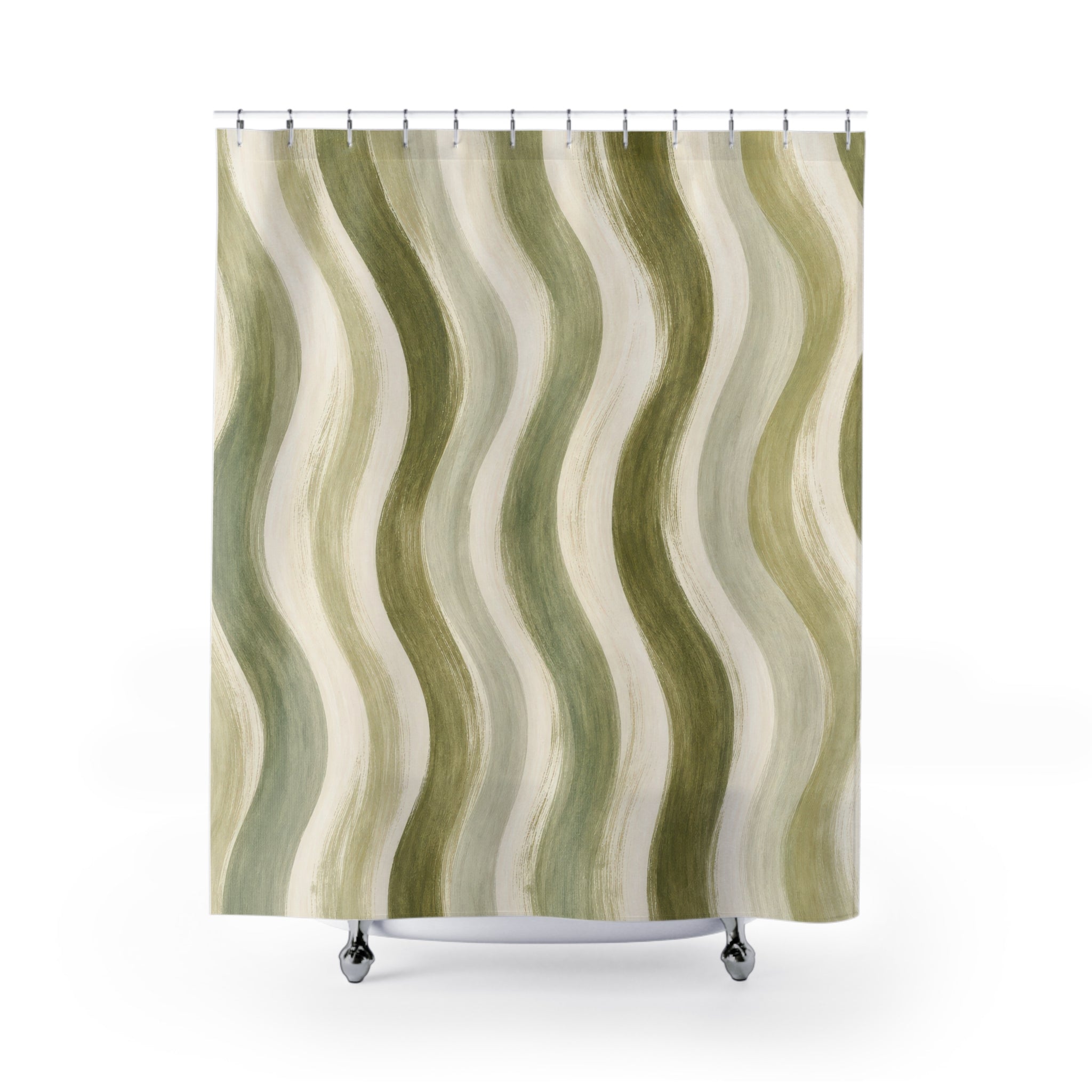 Olive Cream Wave Stripe Shower Curtain