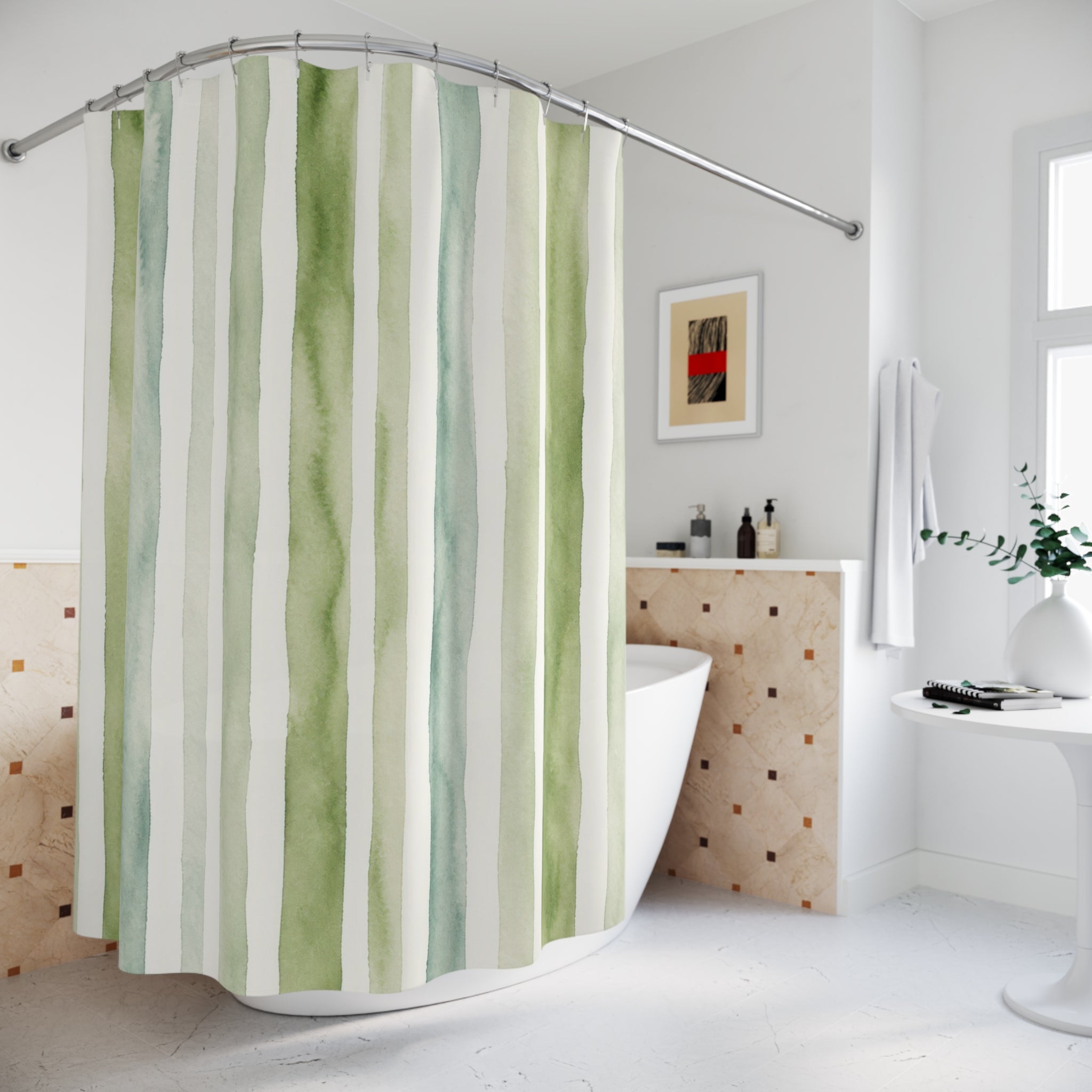Sage Green White Brush Stripe Shower Curtain