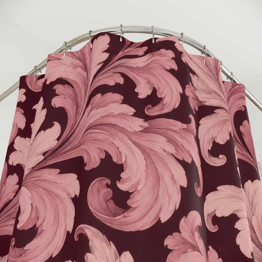 Blush acanthus leaves on deep burgundy shower curtain with close-up print, hooks, and folds