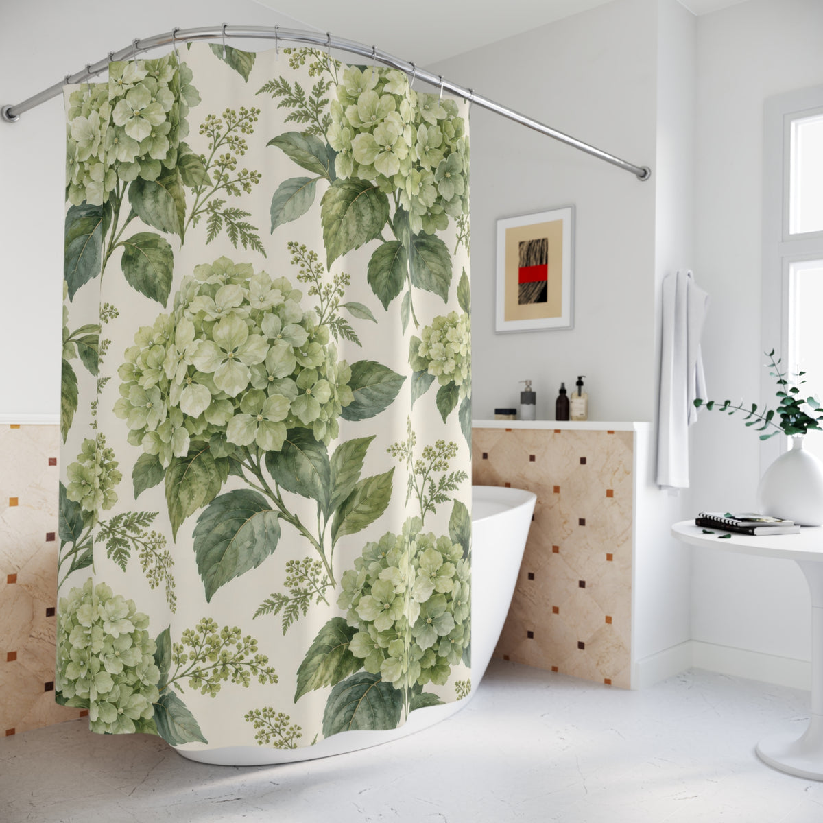 Sage-green hydrangea clusters and leaves on warm cream shower curtain beside a freestanding tub
