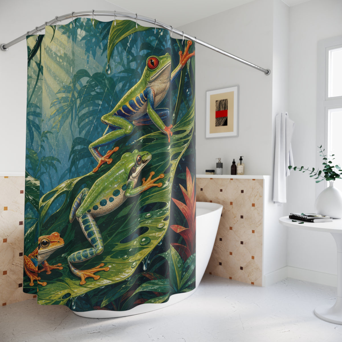 Colorful tree frogs climbing tropical leaves shower curtain beside a freestanding tub