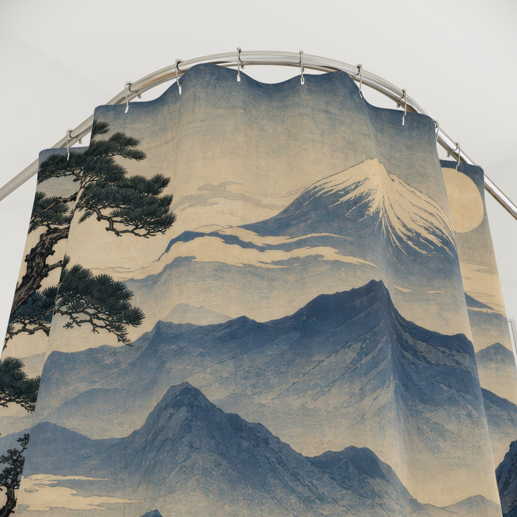 Unique Mountain Shower Curtain, Misty Blue Landscape Art, Moon Pine Japanese Inspired Decor, Serene Guest Bath Wall Accent Gift For Home